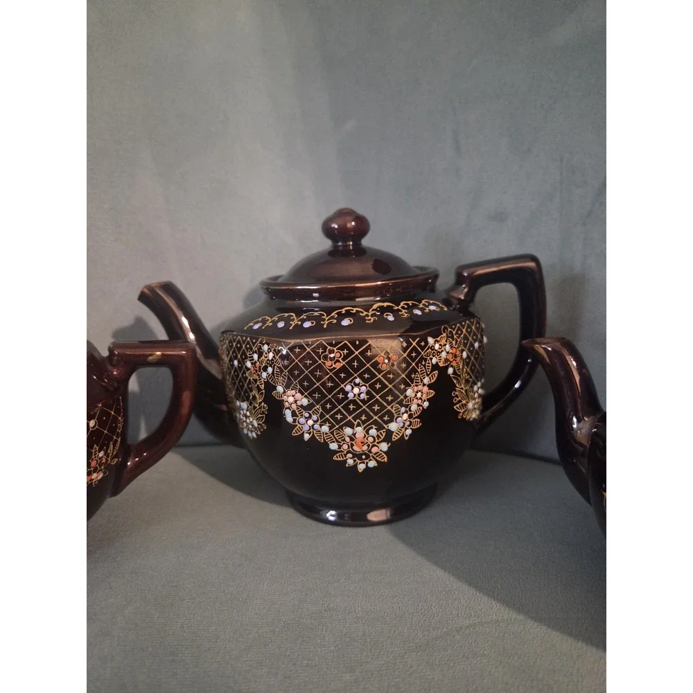 Vtg Brown Betty Redware Teapot Moriage Enamel Hand Painted Japan Set Of 4